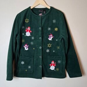 NWT Bobbie Brooks Green Fleece Snowman Embroidered Cardigan Sweater Womens Med